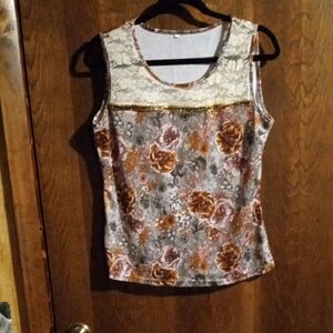 Source Unknown Cream Lace & Brown Floral Sleeveless Tank